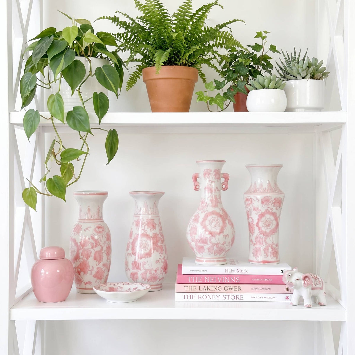 8" Pink & White Ceramic Chinoiserie Vases - Set of 4