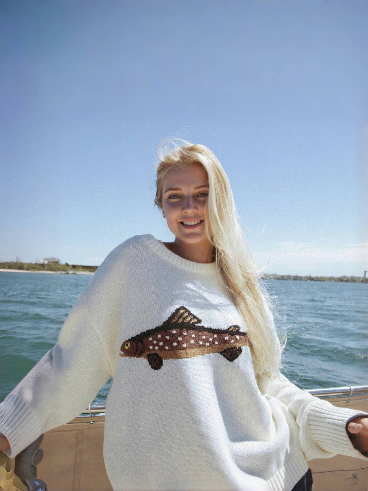 Ocean Coastline Sardine Pattern Crewneck Knit Sweater