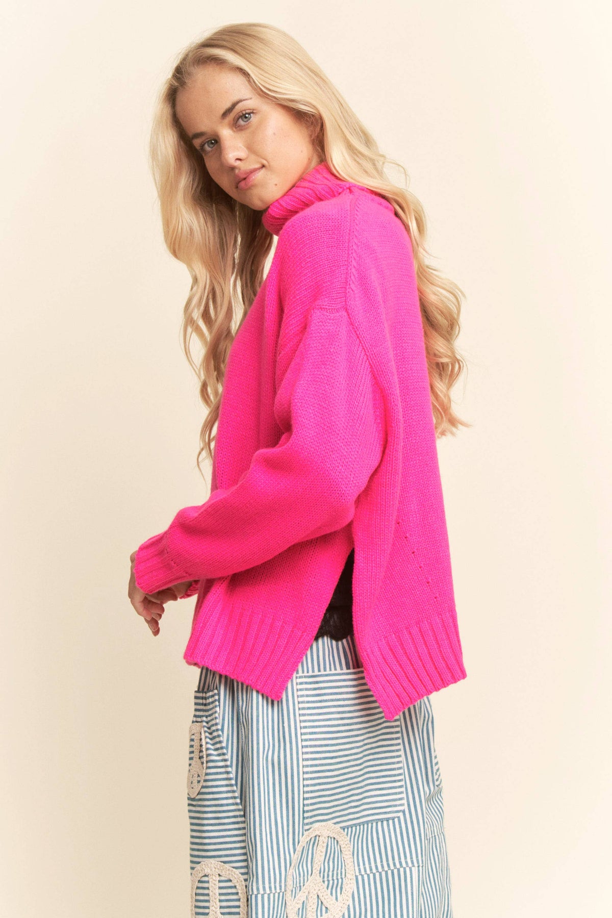 Turtleneck Side Slit Loose Knit Sweater