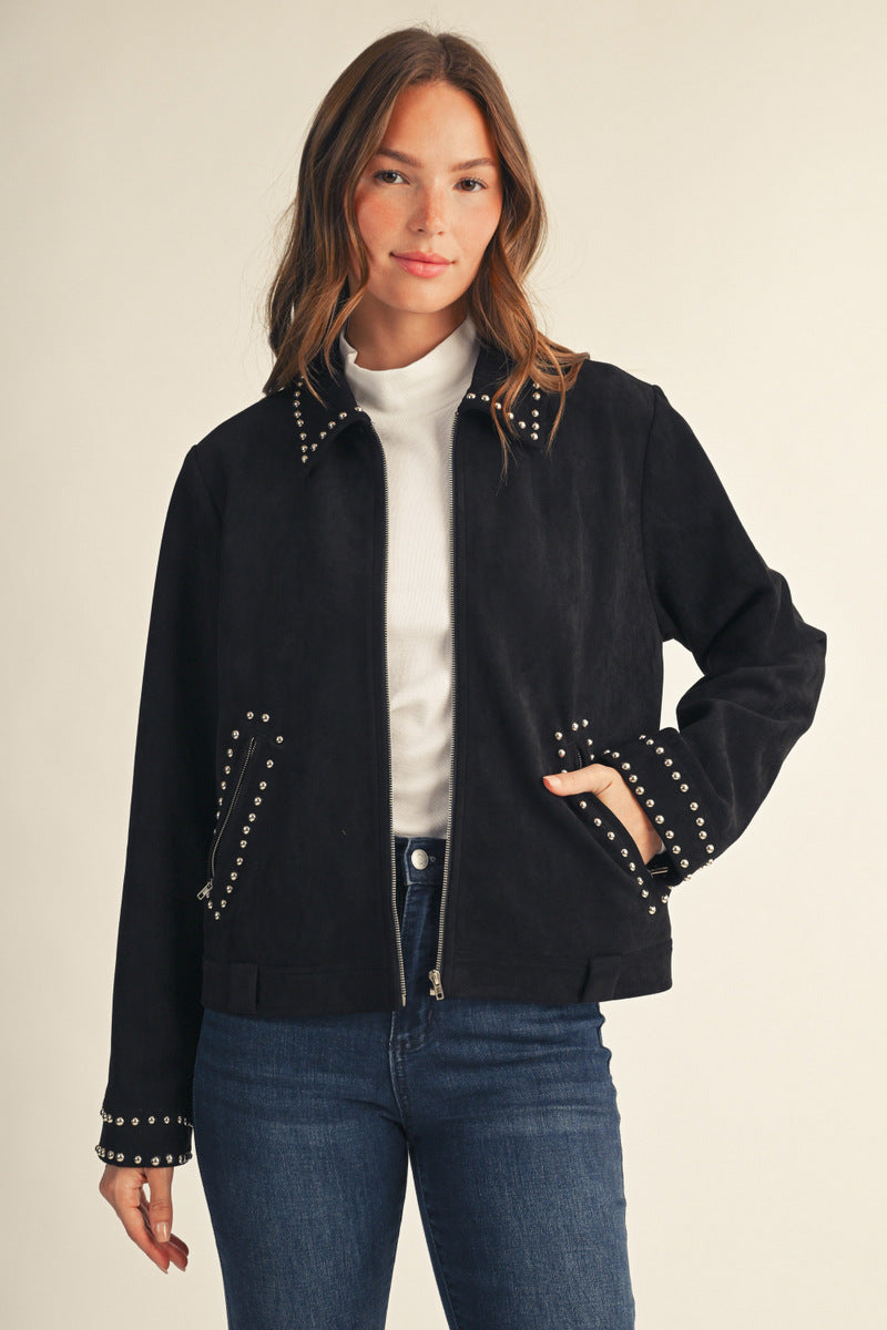Black Studded Suede Zip Jacket
