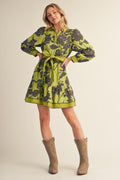 Olive Floral Tie Waist Mini Dress