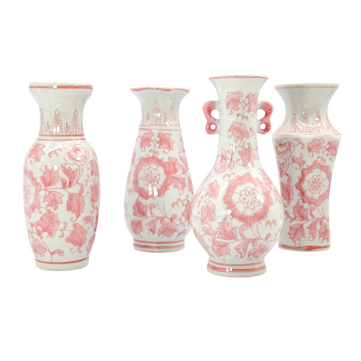 8" Pink & White Ceramic Chinoiserie Vases - Set of 4