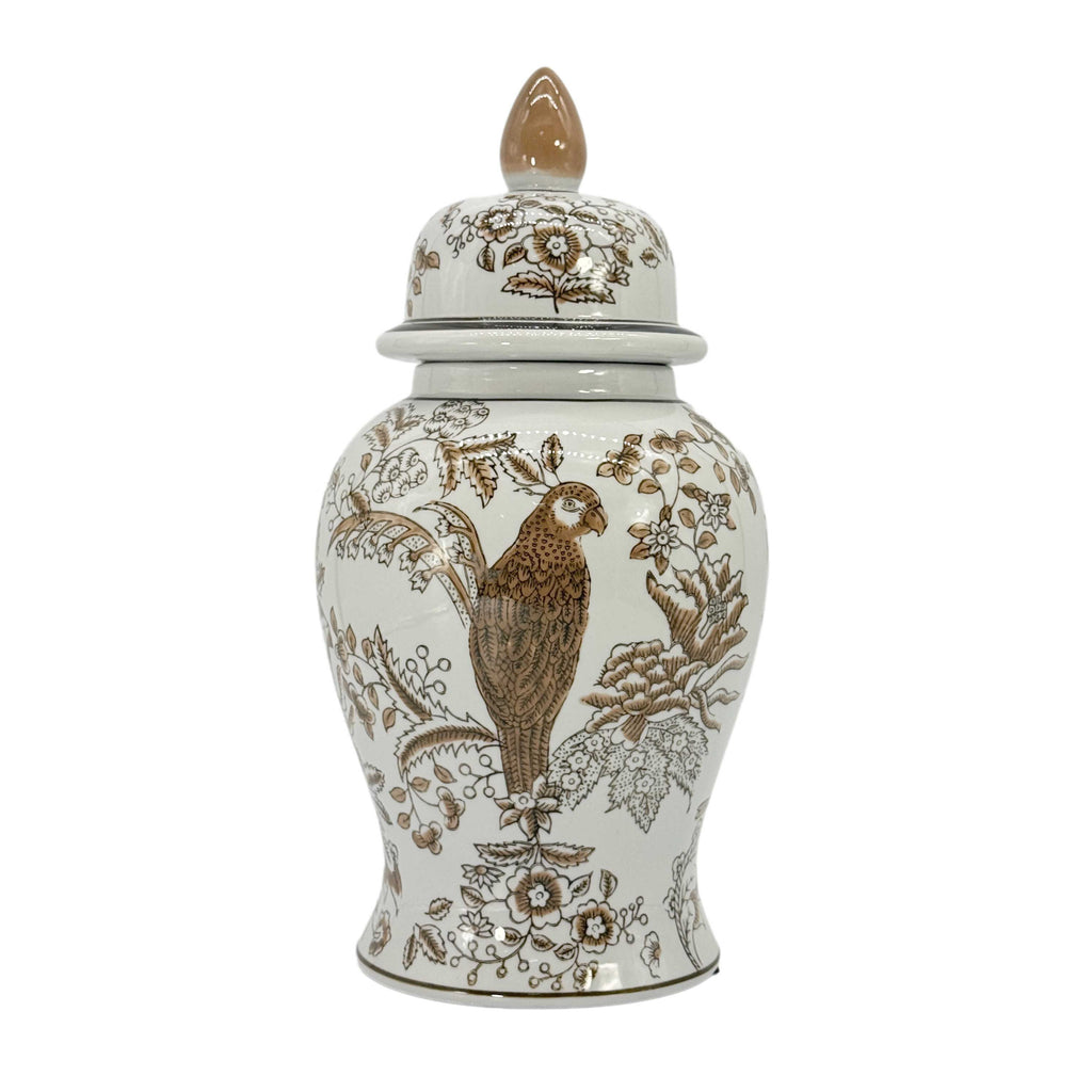 Brown & White Parrot Chinoiserie Ginger Jar 14"