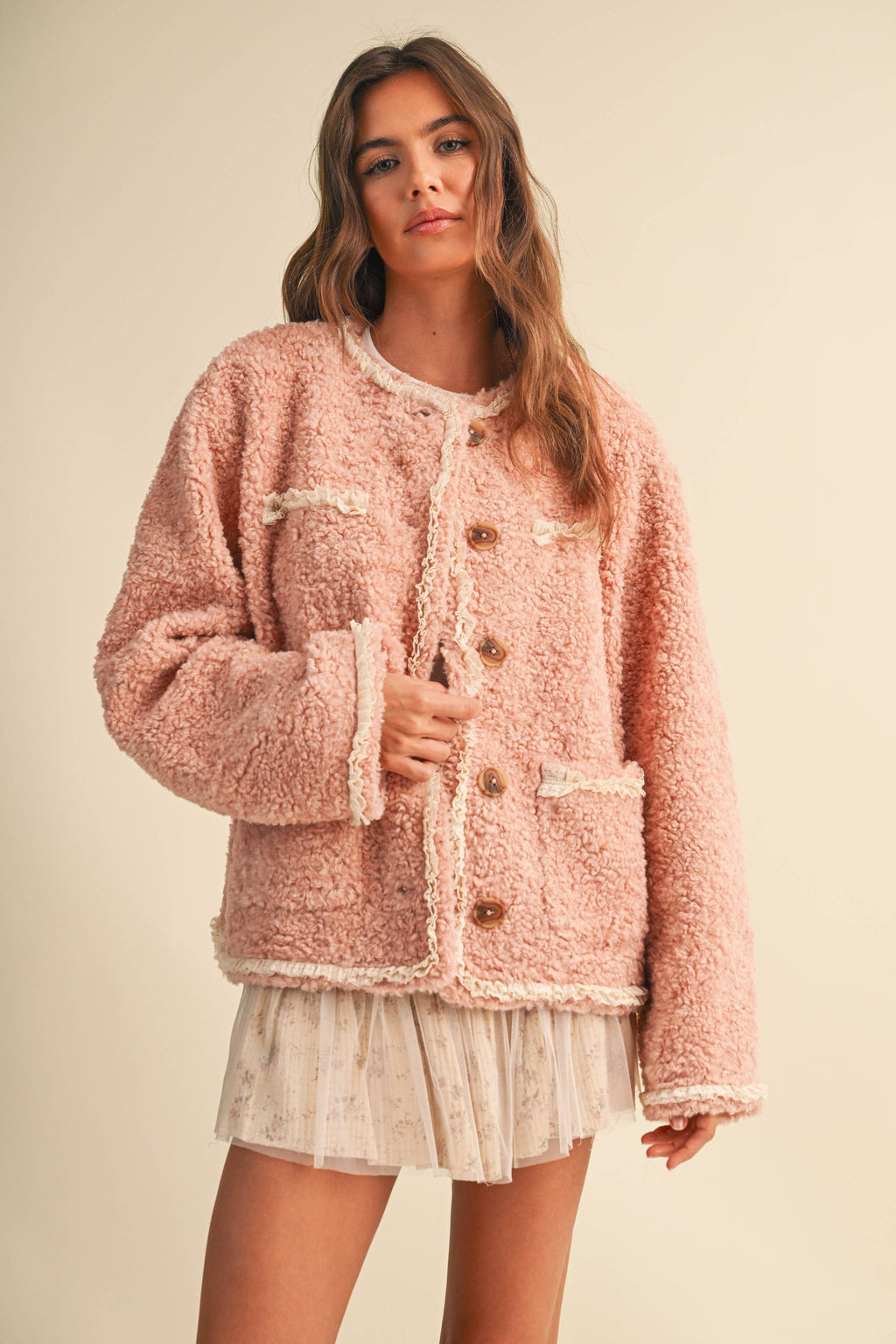 SHERPA JACKET WITH LACE TRIM