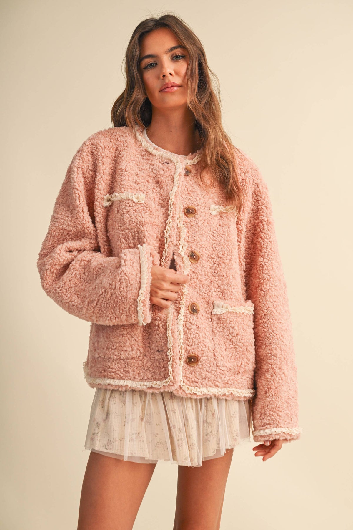 SHERPA JACKET WITH LACE TRIM