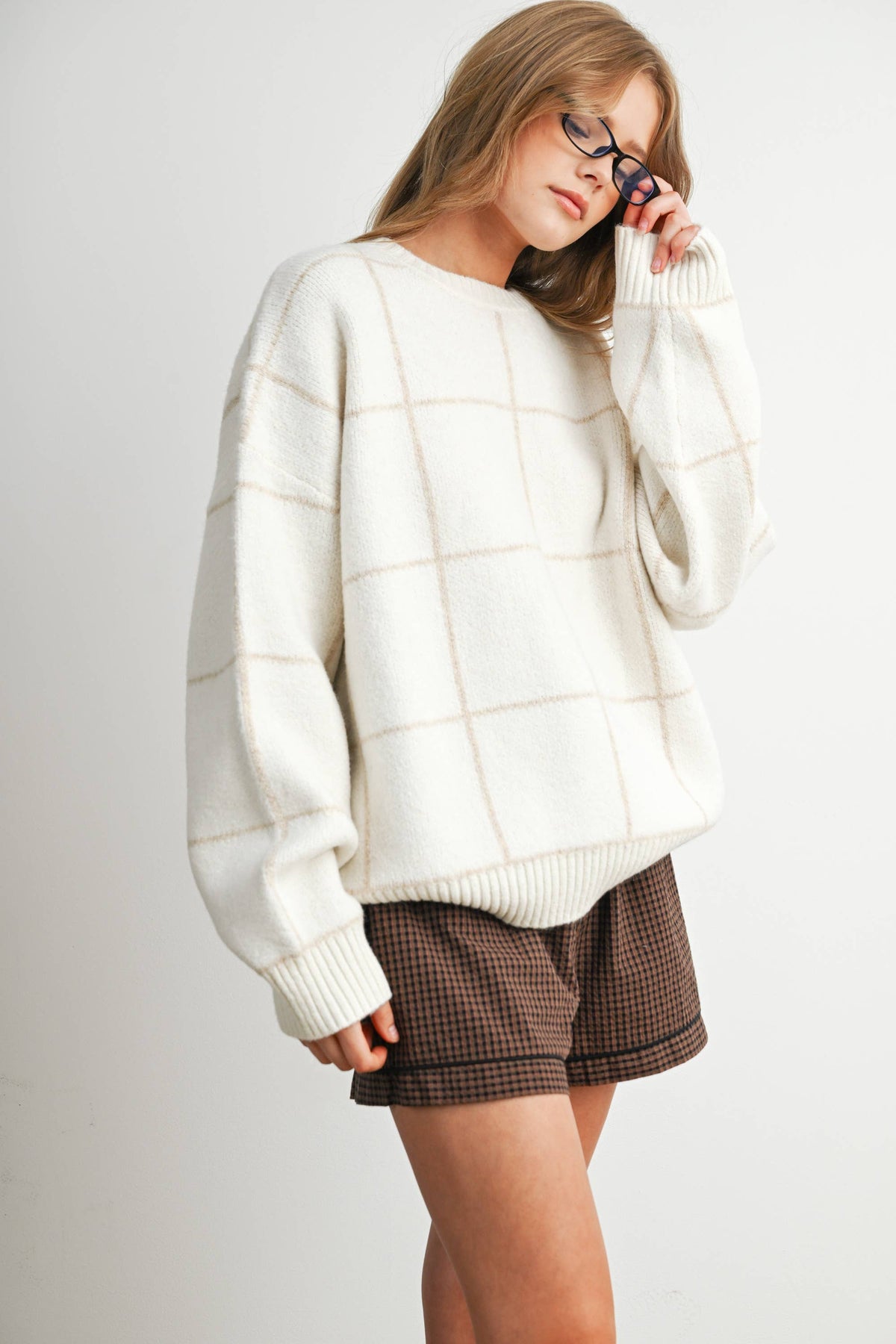 Checkered Crew Neck Knit Sweater - BMW8077