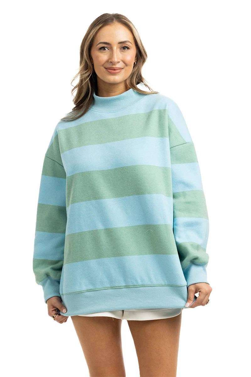 Aqua and Green Striped Mockneck Sweatshirt Women