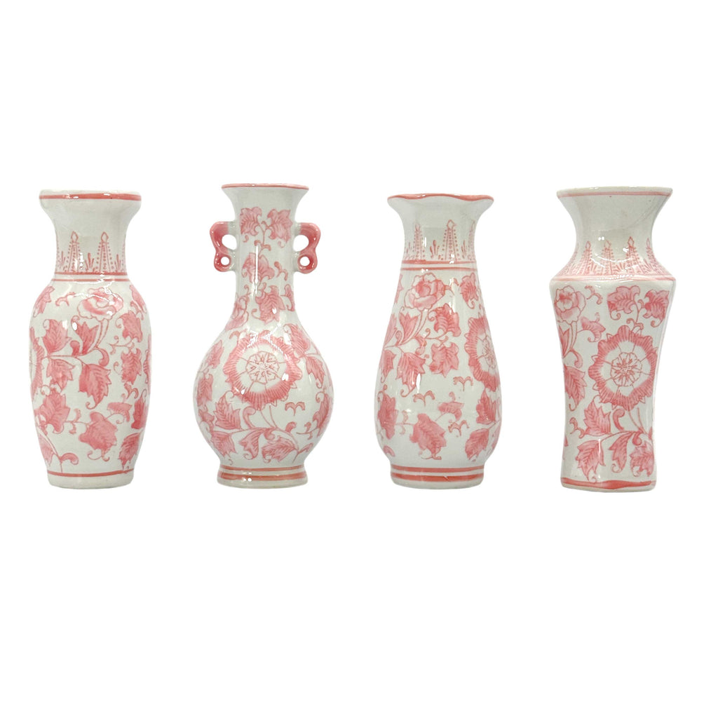 8" Pink & White Ceramic Chinoiserie Vases - Set of 4