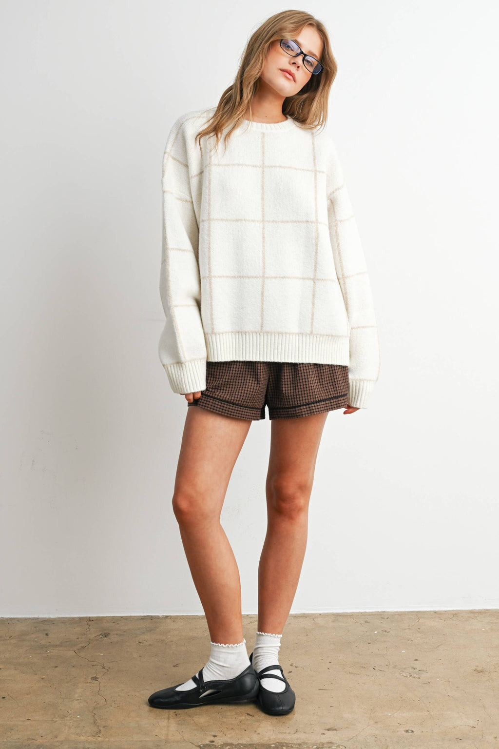 Checkered Crew Neck Knit Sweater - BMW8077