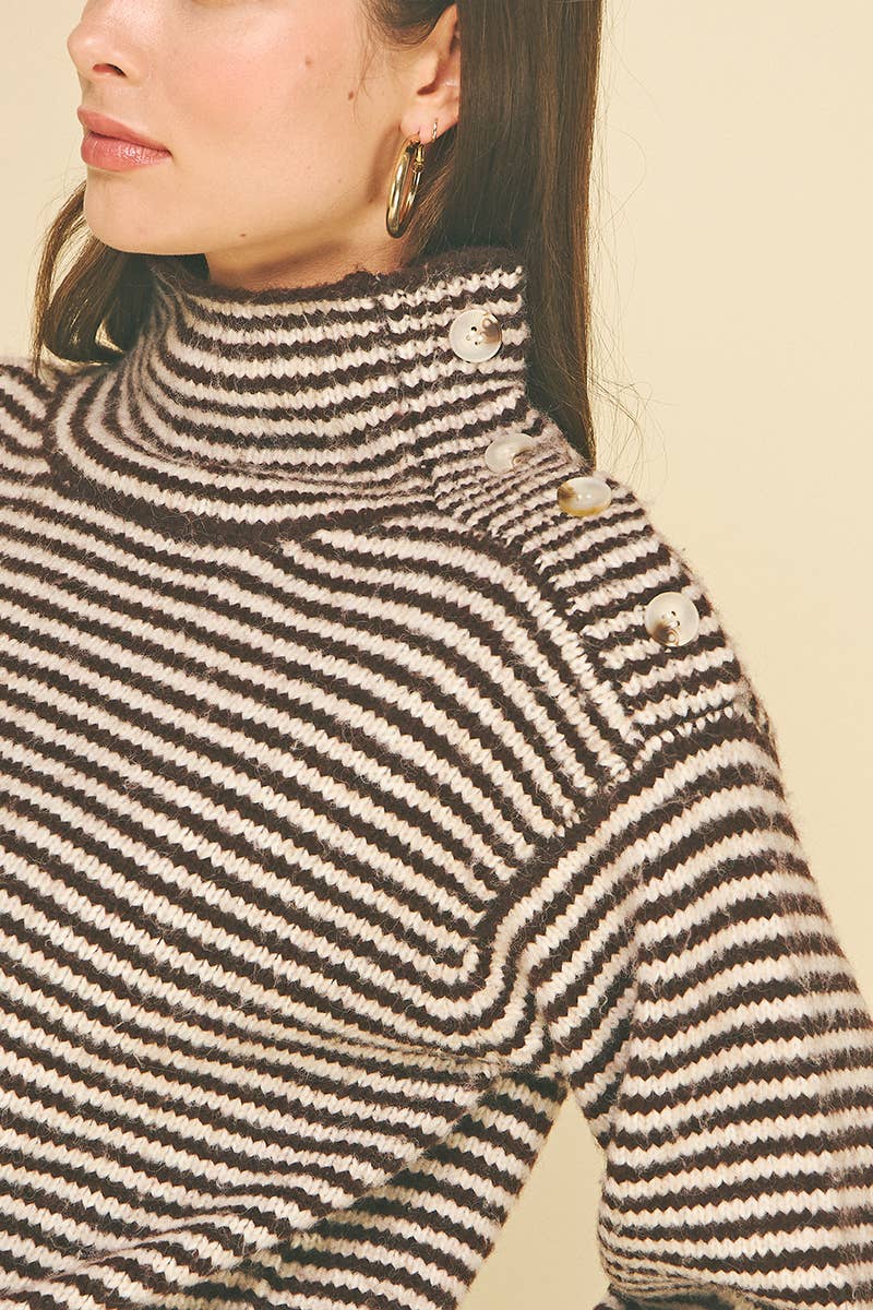 STRIPED BUTTON DETAILED MOCK NECK SWEATER