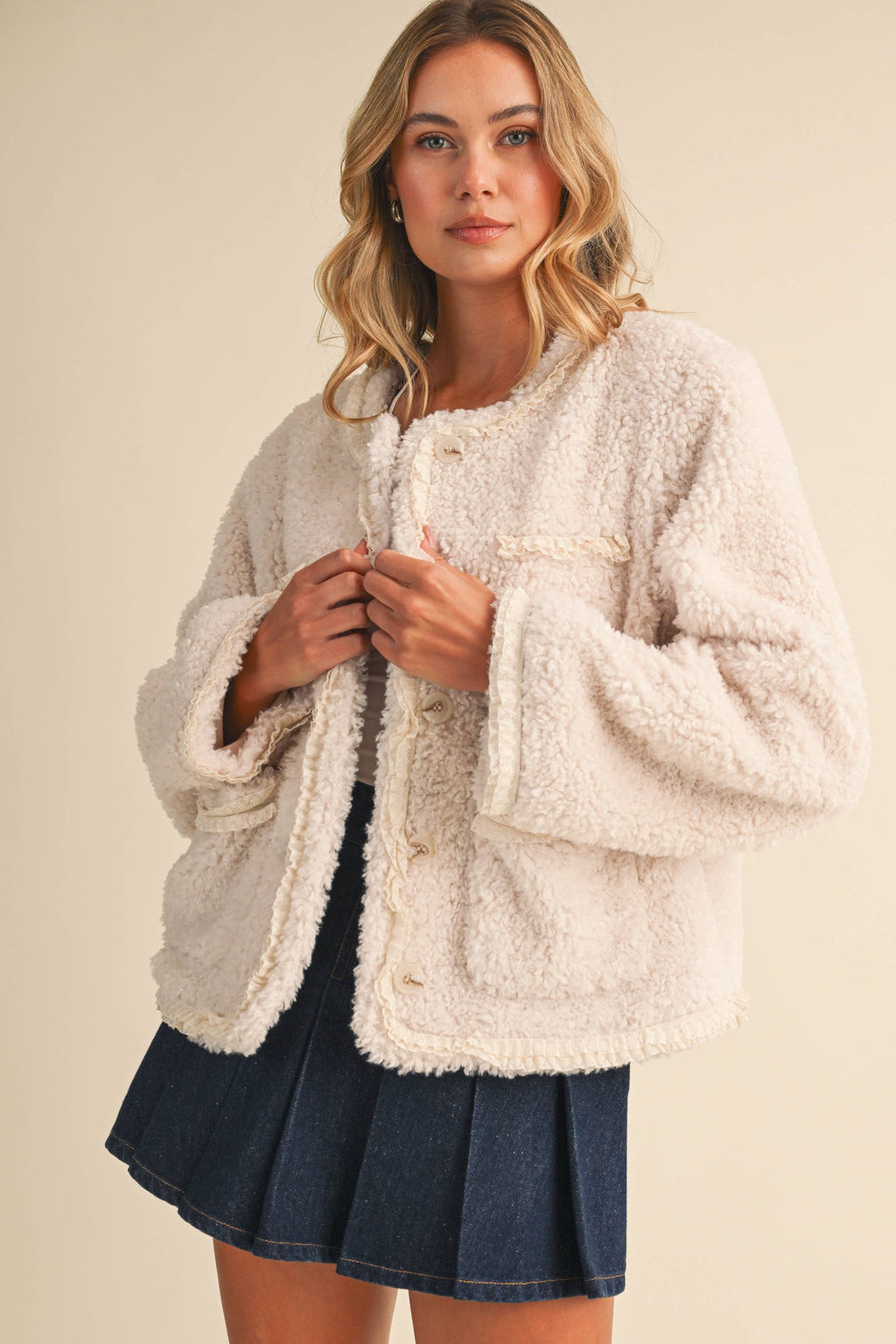 SHERPA JACKET WITH LACE TRIM