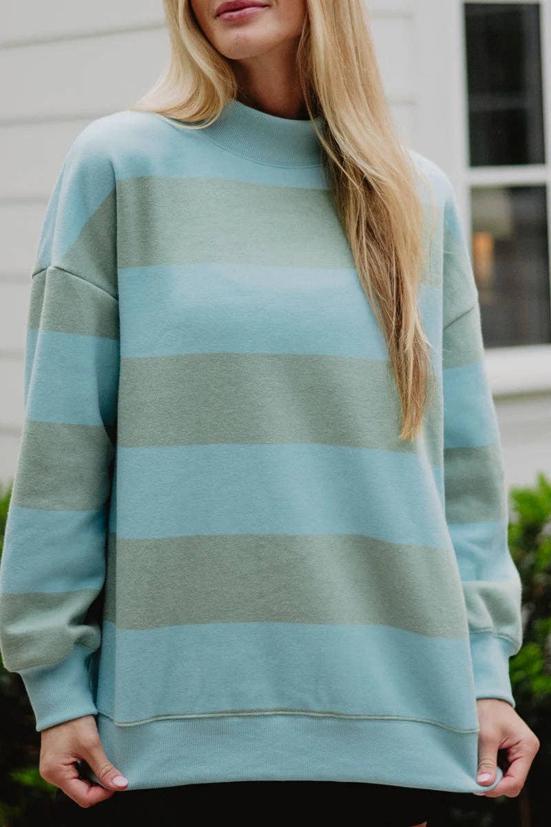 Aqua and Green Striped Mockneck Sweatshirt Women