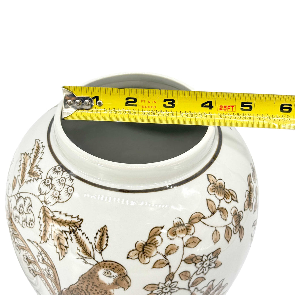 Brown & White Parrot Chinoiserie Ginger Jar 14"
