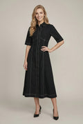 Black Contrast Stitch Midi Shirt Dress