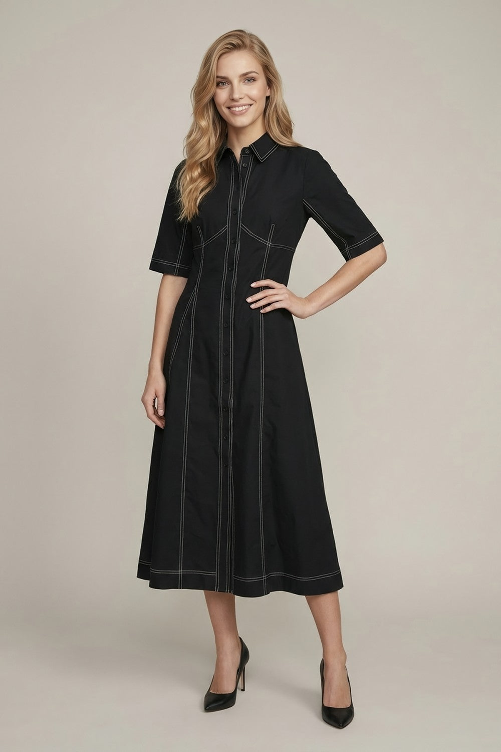Black Contrast Stitch Midi Shirt Dress