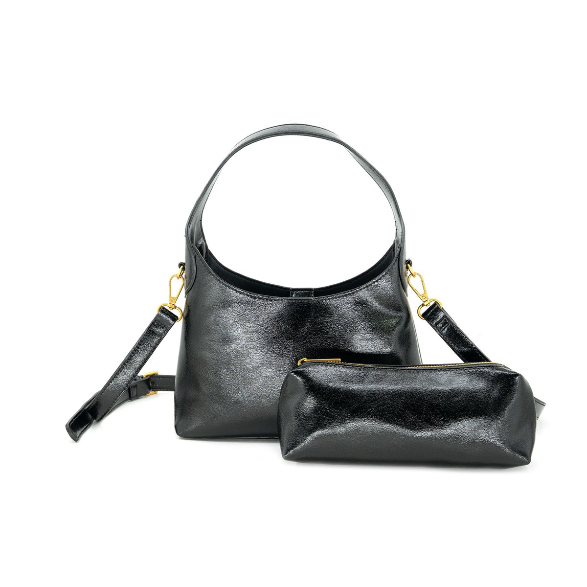 Black Faux Leather Shoulder Bag with Matching Pouch
