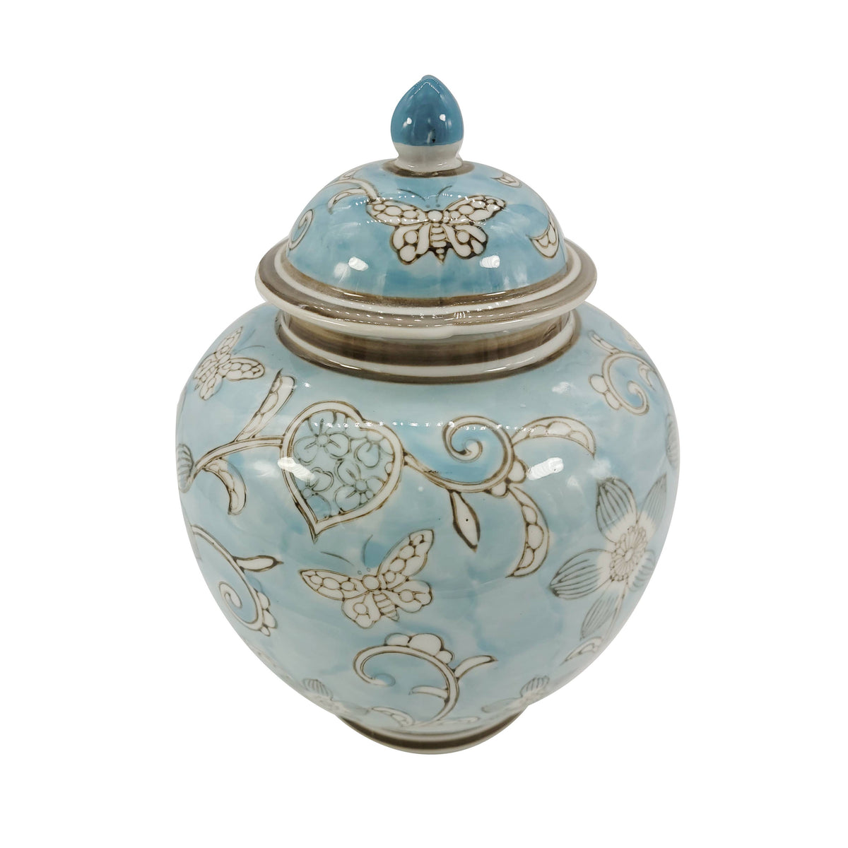Light Blue & White Ceramic Chinoiserie Ginger Jar 10"