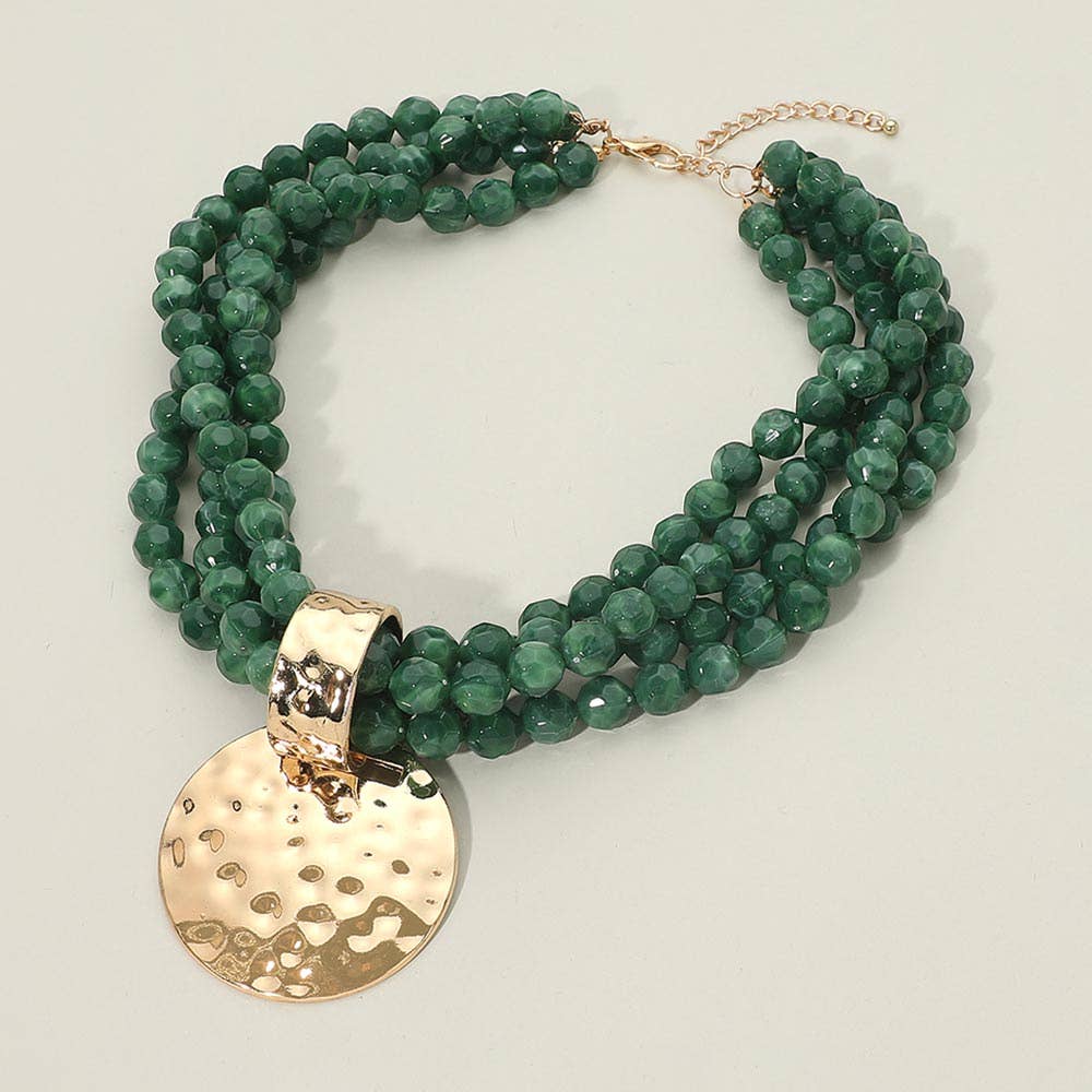 Bold Hammered Metal Disc Accent Chunky Beaded Multi Strand Statement Necklace