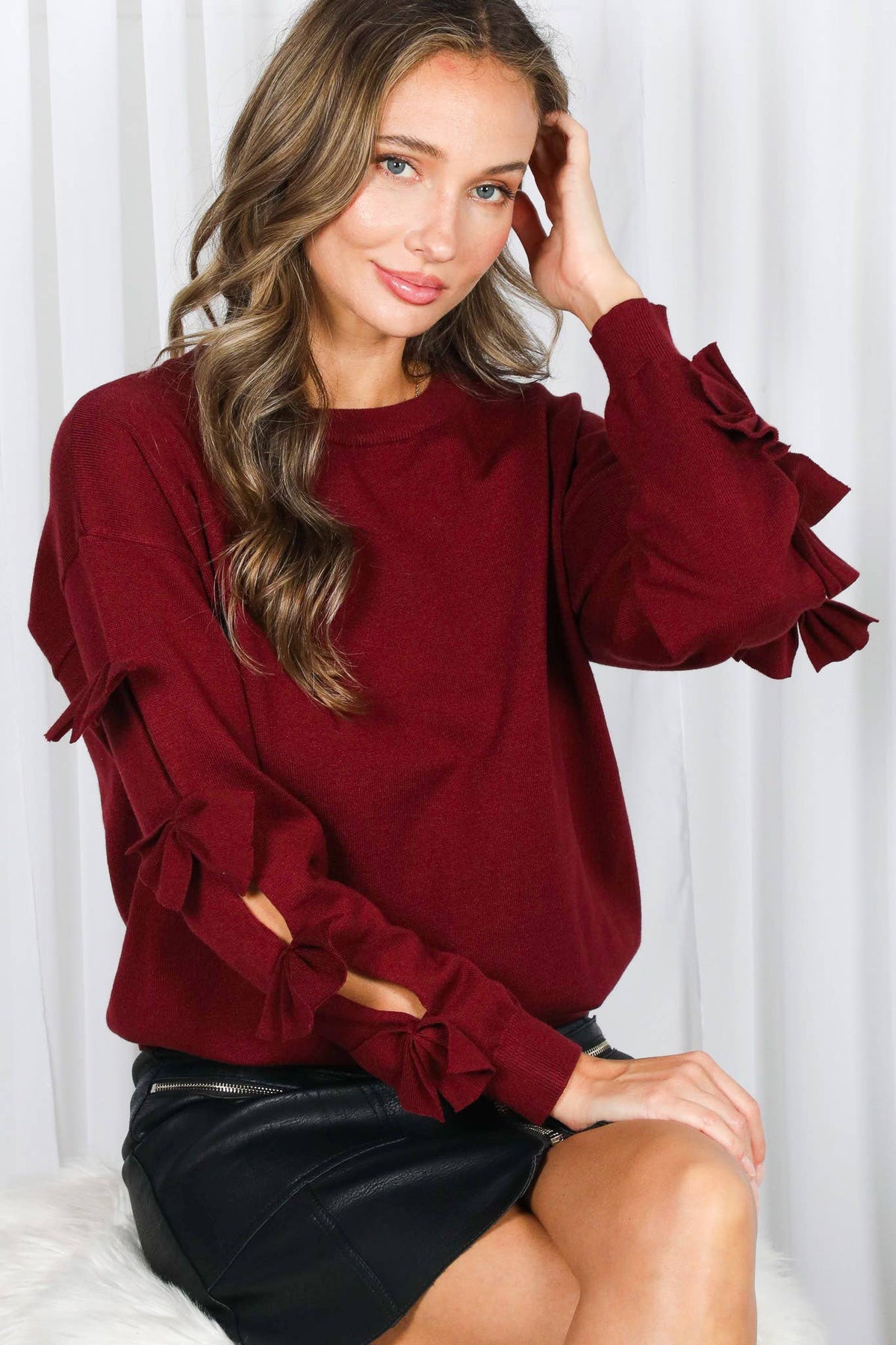 Bow Embellished Long-Sleeve Knit Sweater