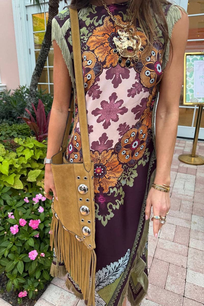 Fringe-Trim Floral Shift Dress