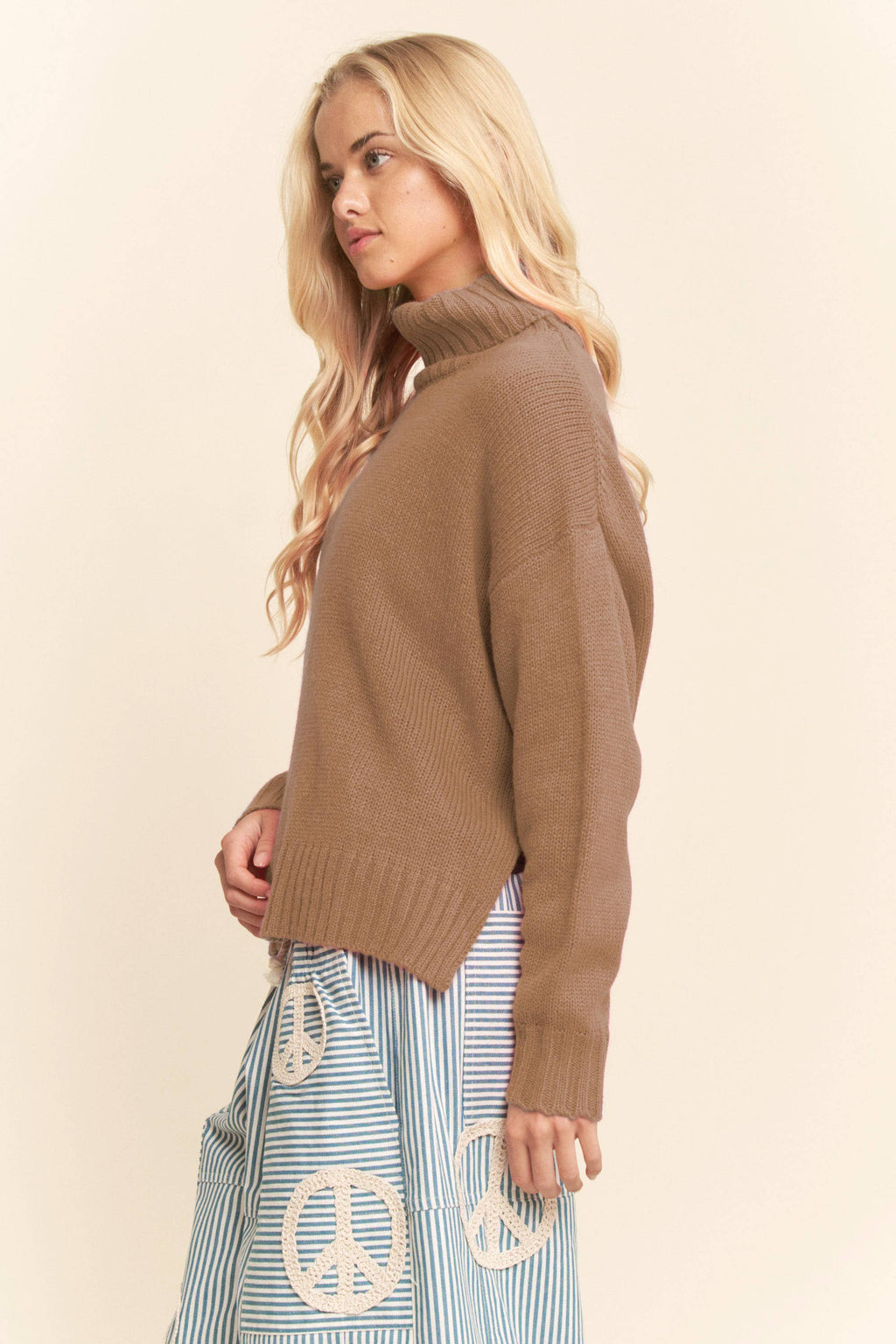 Turtleneck Side Slit Loose Knit Sweater