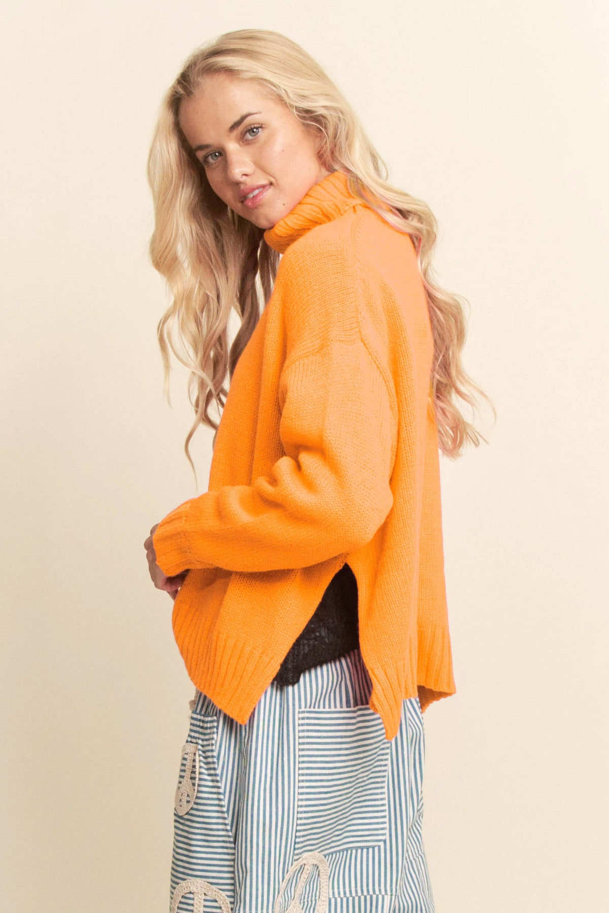 Turtleneck Side Slit Loose Knit Sweater
