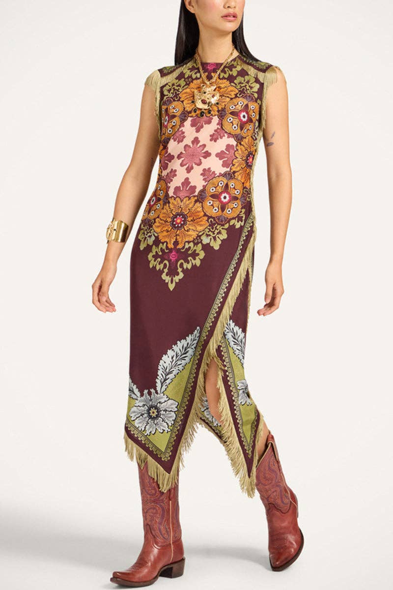 Fringe-Trim Floral Shift Dress