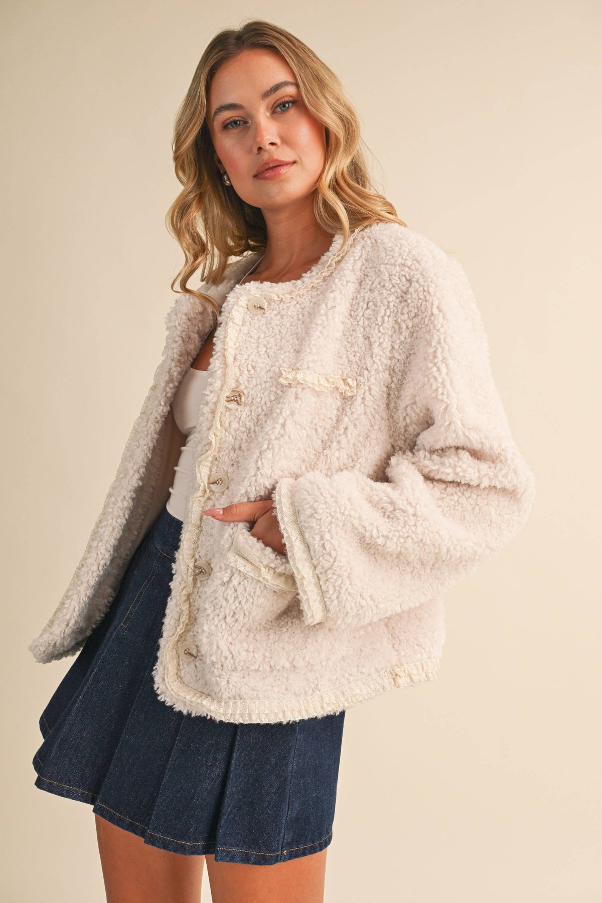 SHERPA JACKET WITH LACE TRIM