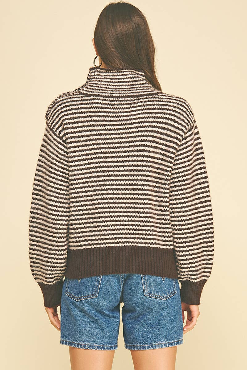 STRIPED BUTTON DETAILED MOCK NECK SWEATER