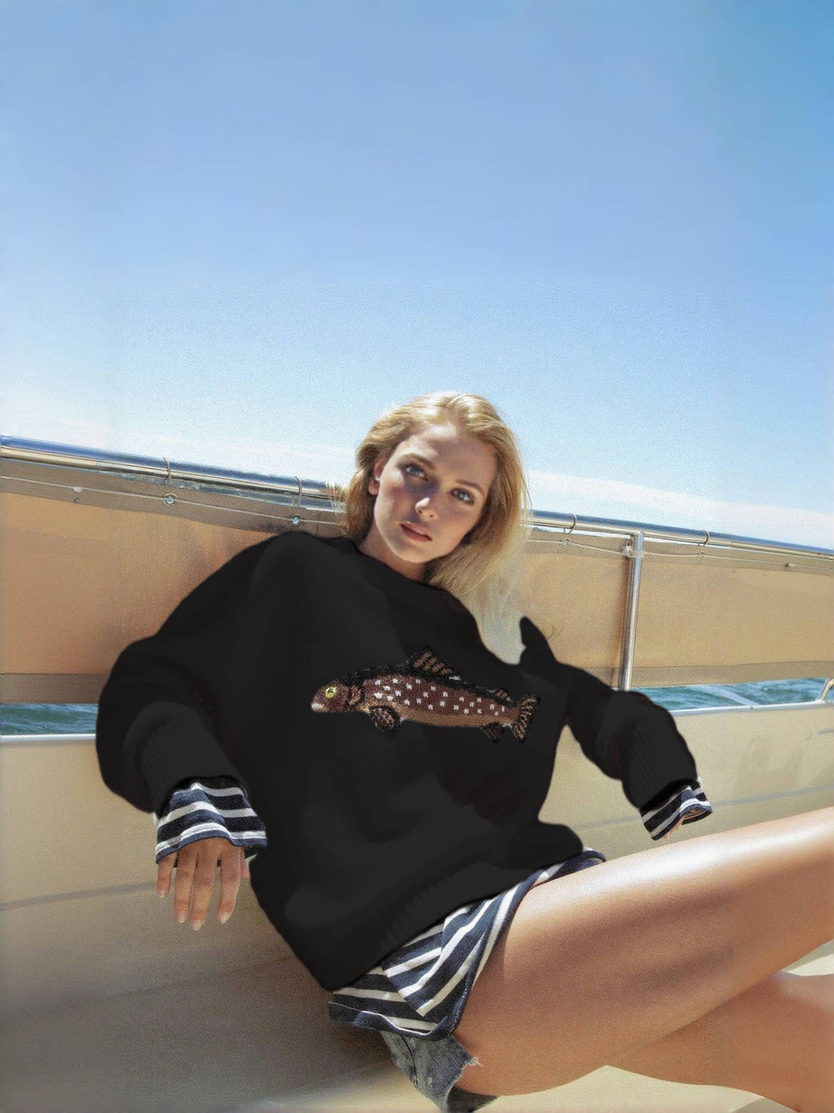 Ocean Coastline Sardine Pattern Crewneck Knit Sweater