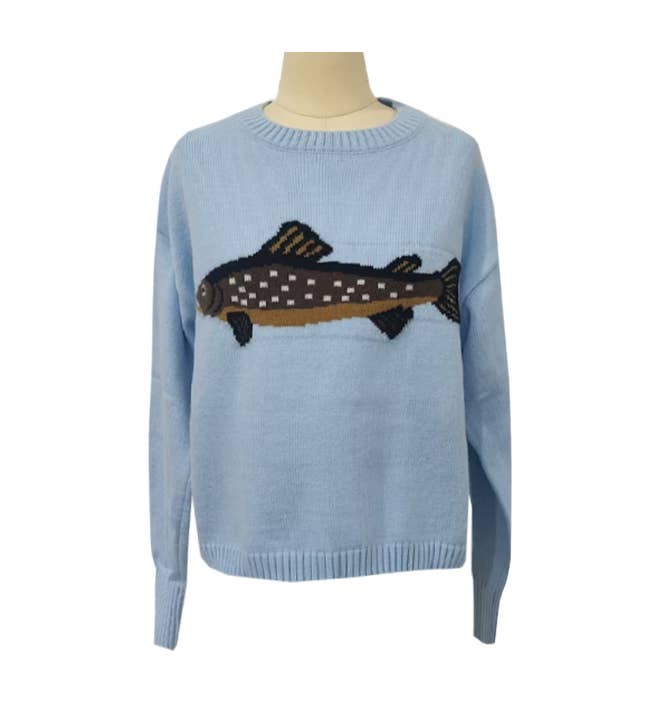 Ocean Coastline Sardine Pattern Crewneck Knit Sweater