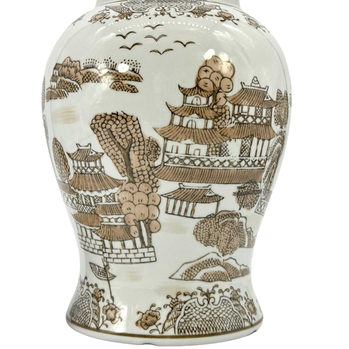 Brown & White Landscape Chinoiserie Ginger Jar 14"