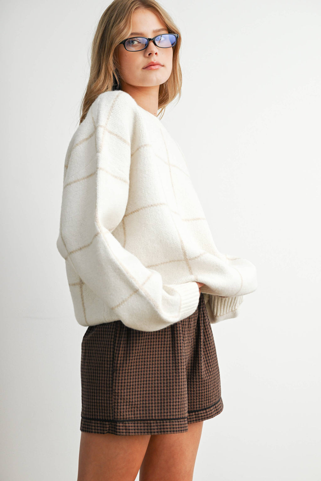 Checkered Crew Neck Knit Sweater - BMW8077