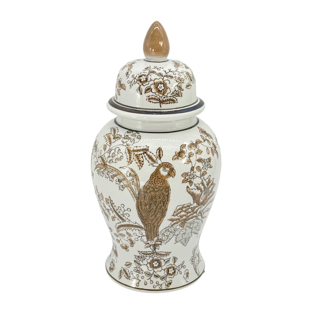 Brown & White Parrot Chinoiserie Ginger Jar 14"