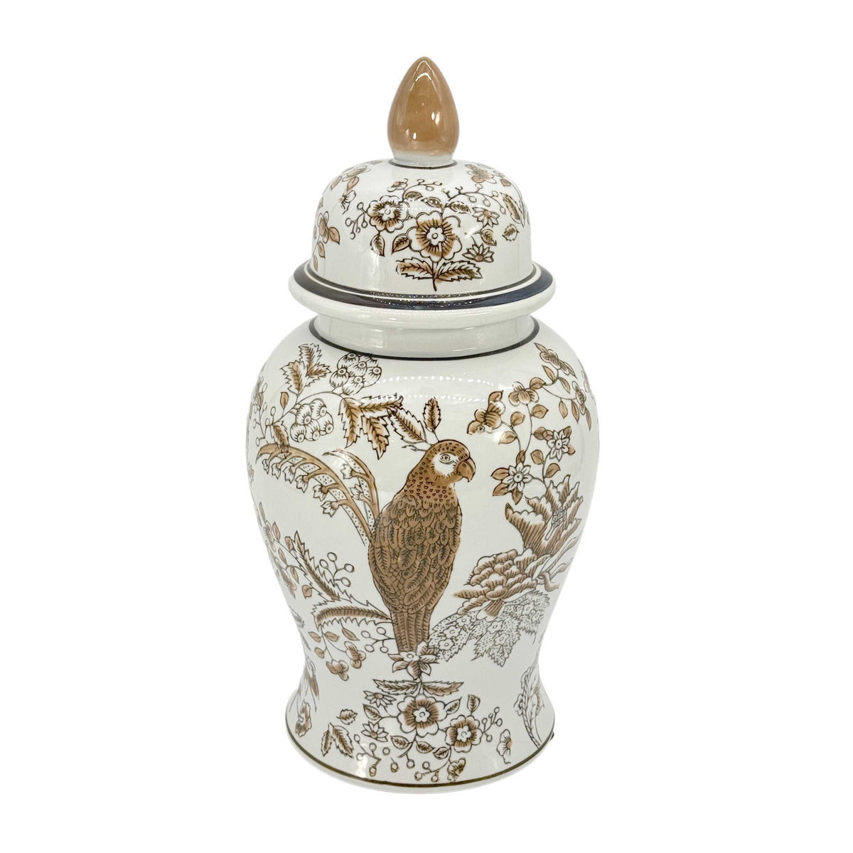 Brown & White Parrot Chinoiserie Ginger Jar 14"
