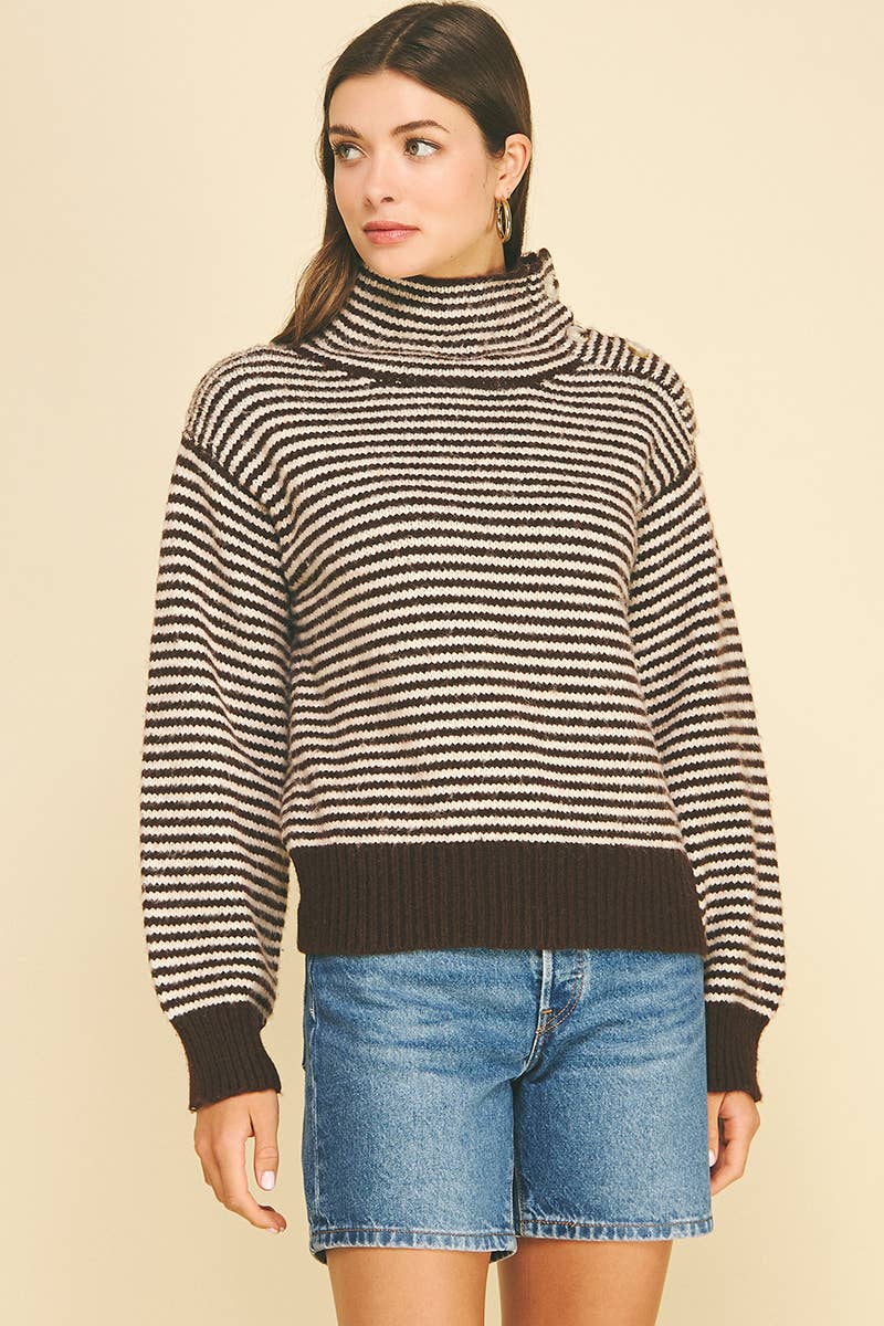 STRIPED BUTTON DETAILED MOCK NECK SWEATER