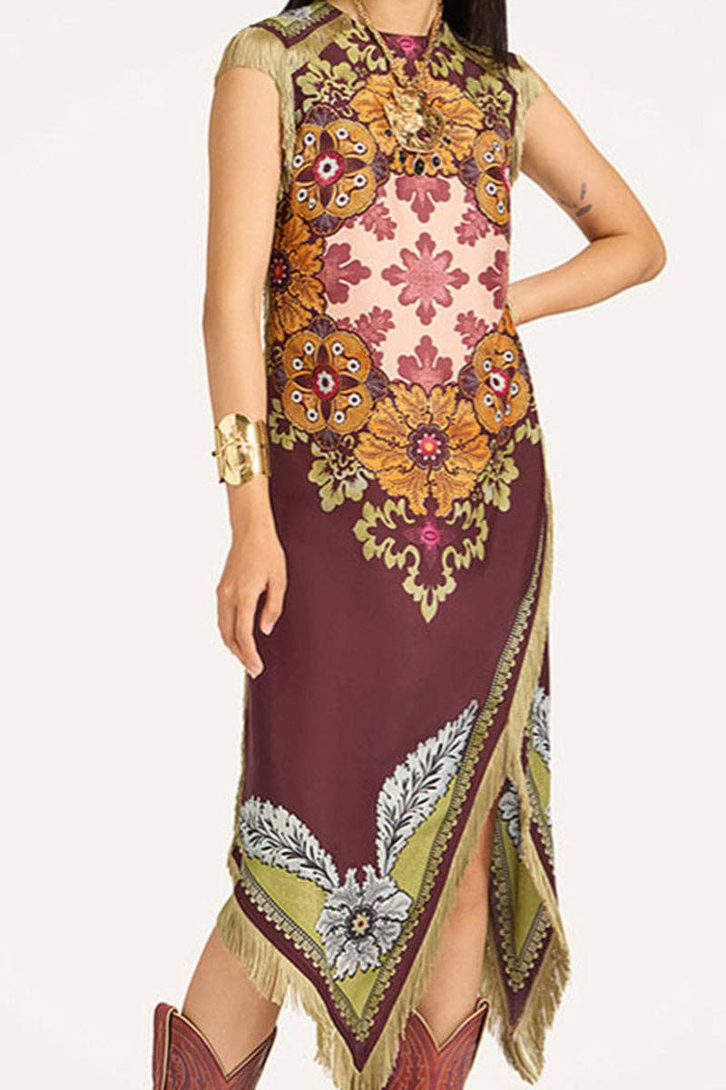 Fringe-Trim Floral Shift Dress
