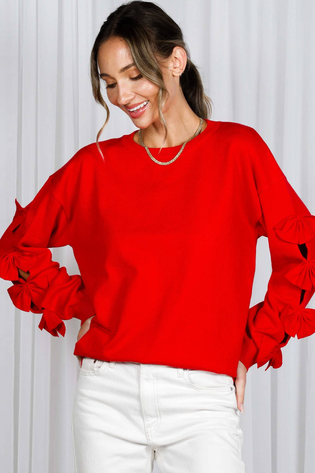 Bow Embellished Long-Sleeve Knit Sweater