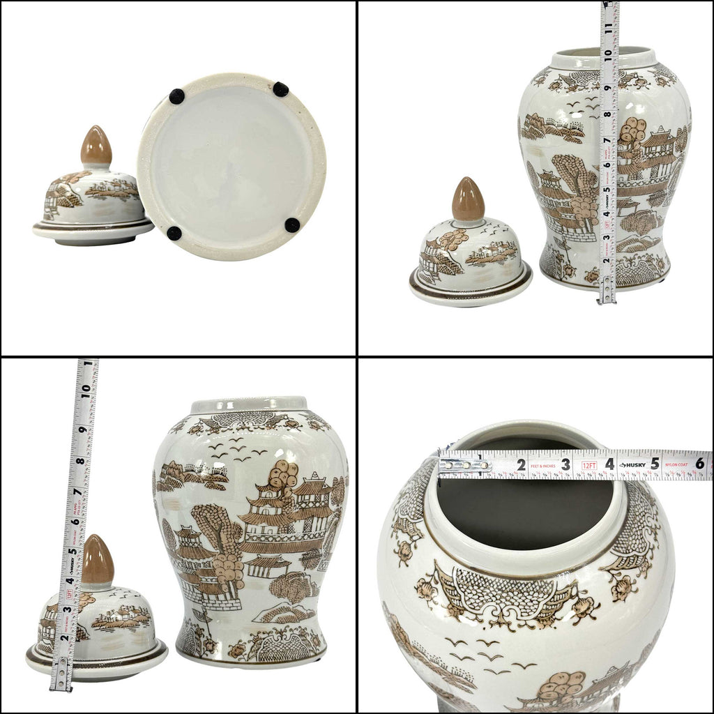 Brown & White Landscape Chinoiserie Ginger Jar 14"