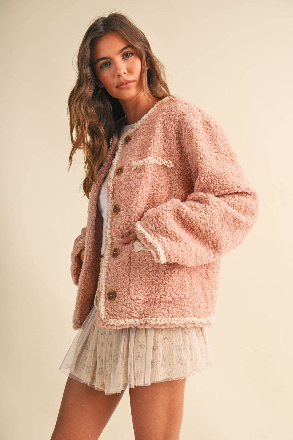 SHERPA JACKET WITH LACE TRIM
