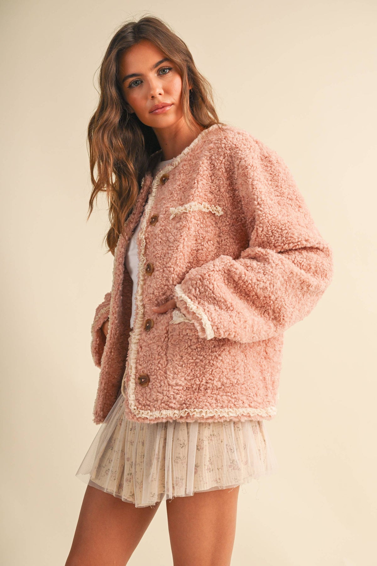 SHERPA JACKET WITH LACE TRIM