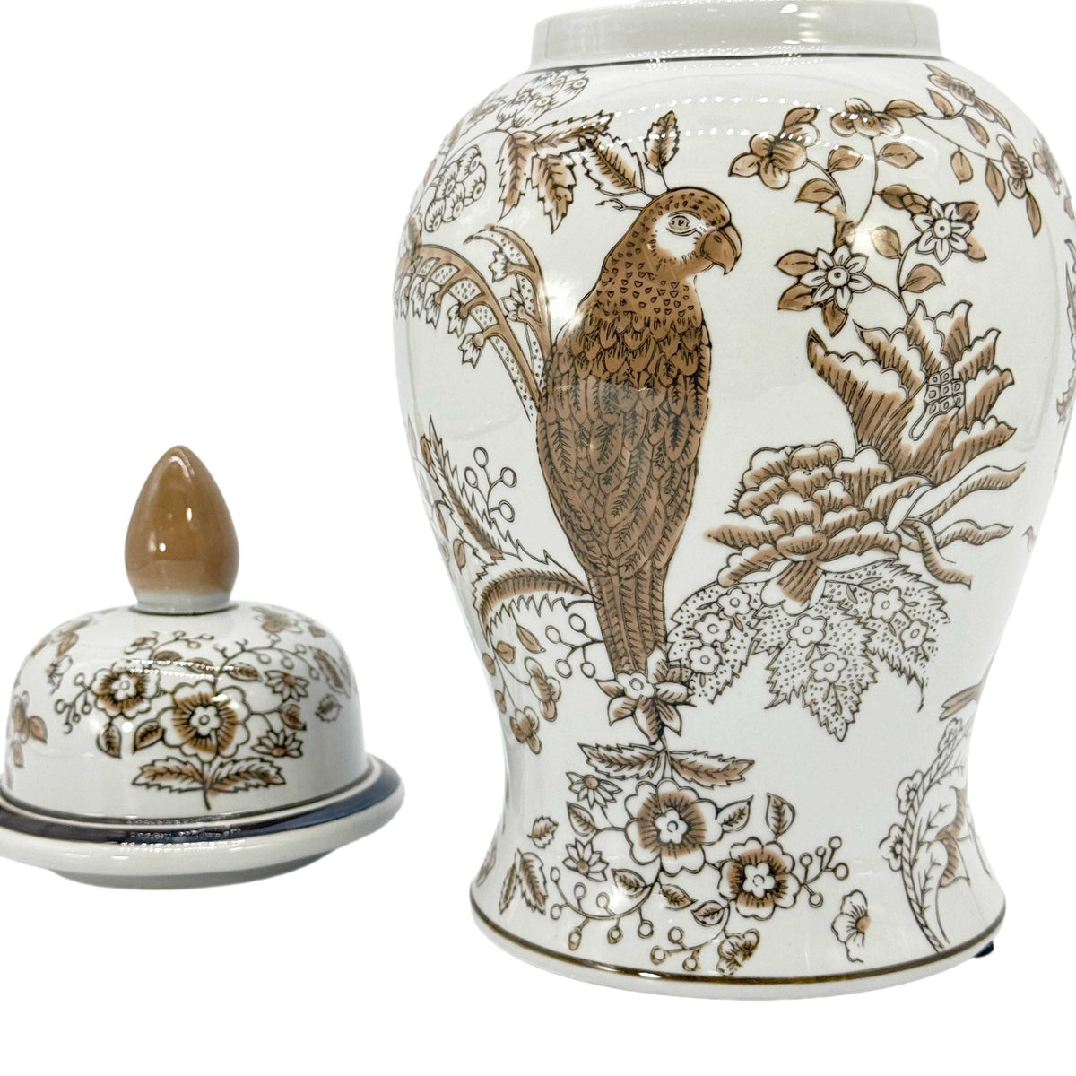 Brown & White Parrot Chinoiserie Ginger Jar 14"