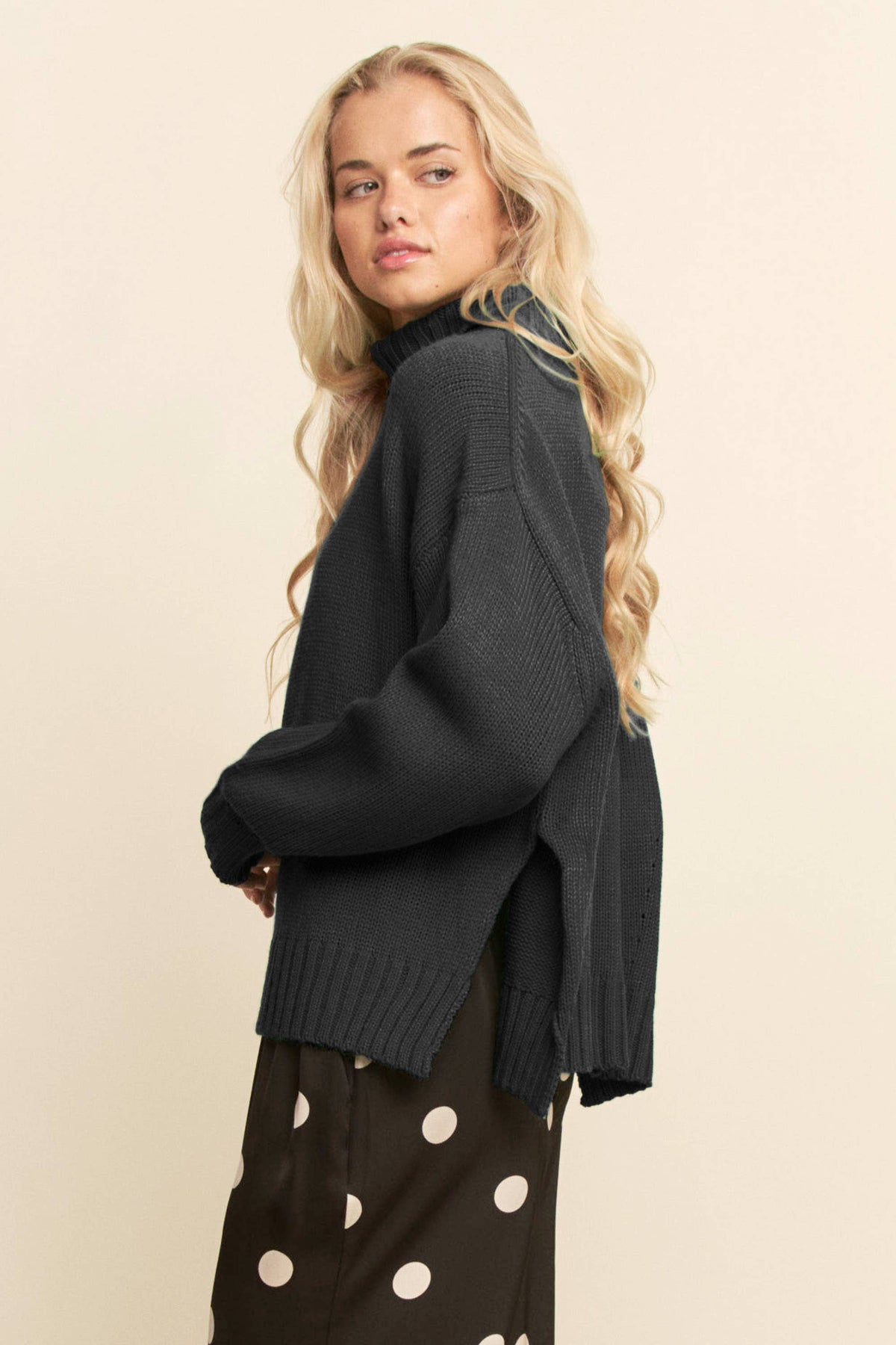 Turtleneck Side Slit Loose Knit Sweater