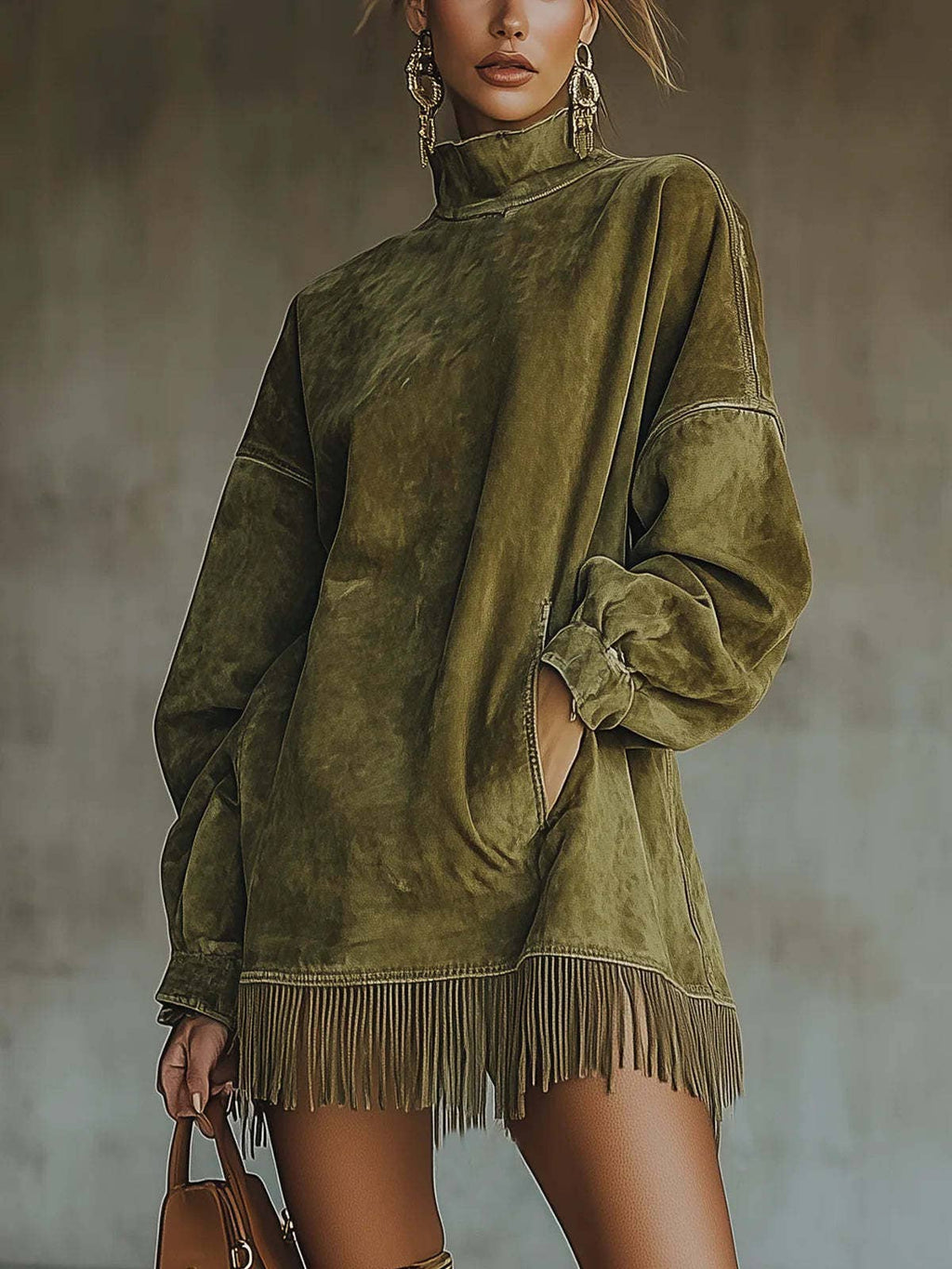 High Neck Loose Fit Fringed Suede Dress with Pockets