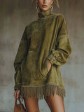 High Neck Loose Fit Fringed Suede Dress with Pockets
