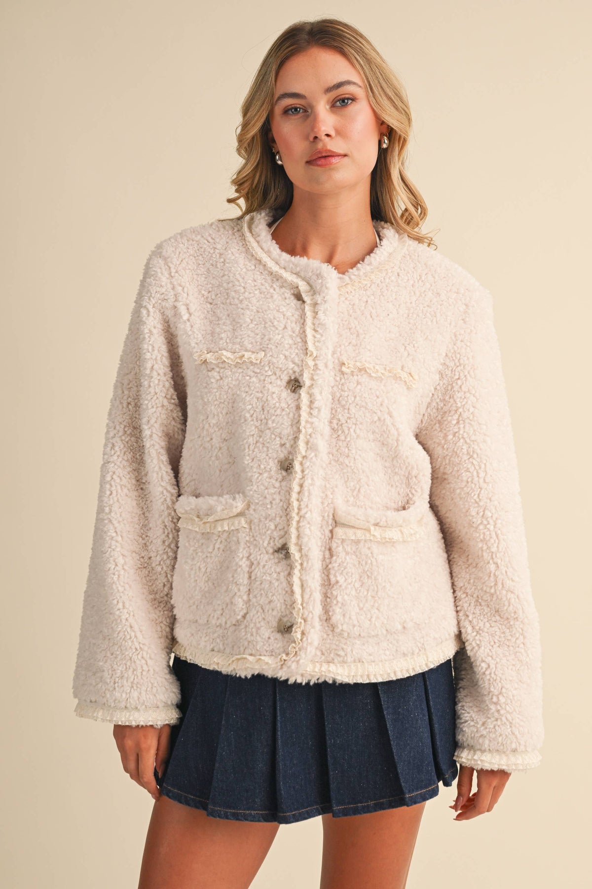 SHERPA JACKET WITH LACE TRIM
