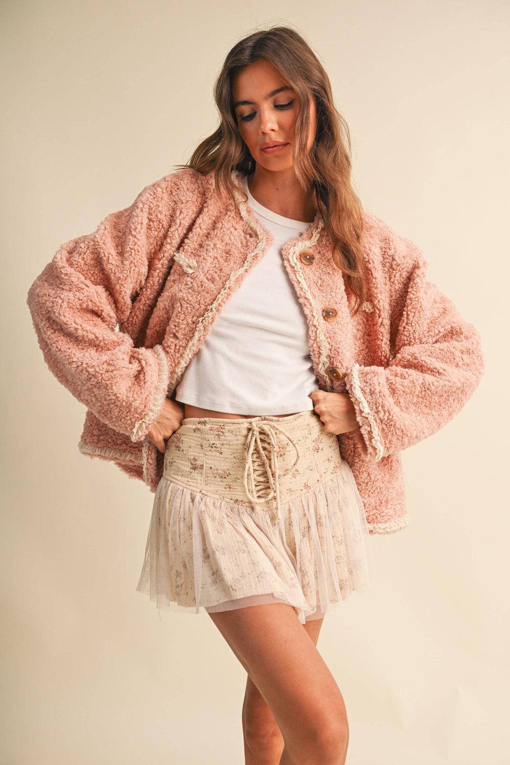 SHERPA JACKET WITH LACE TRIM