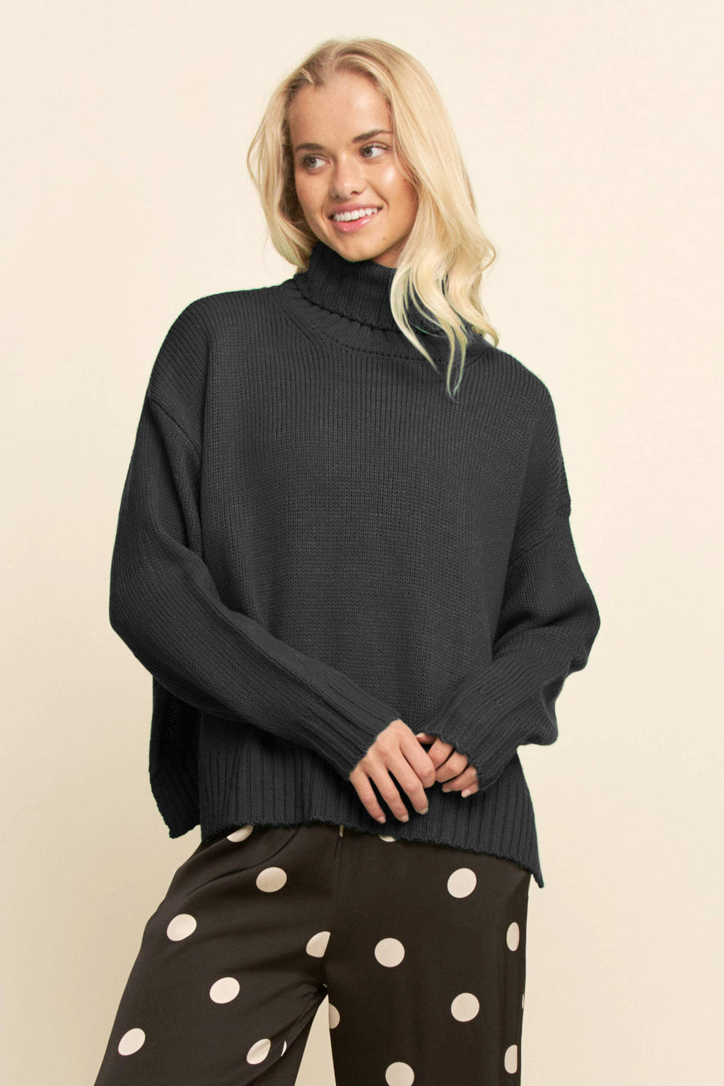 Turtleneck Side Slit Loose Knit Sweater