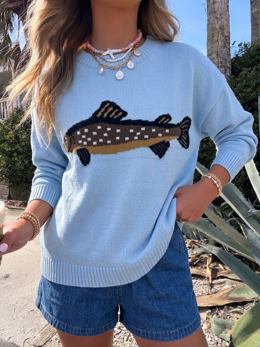 Ocean Coastline Sardine Pattern Crewneck Knit Sweater
