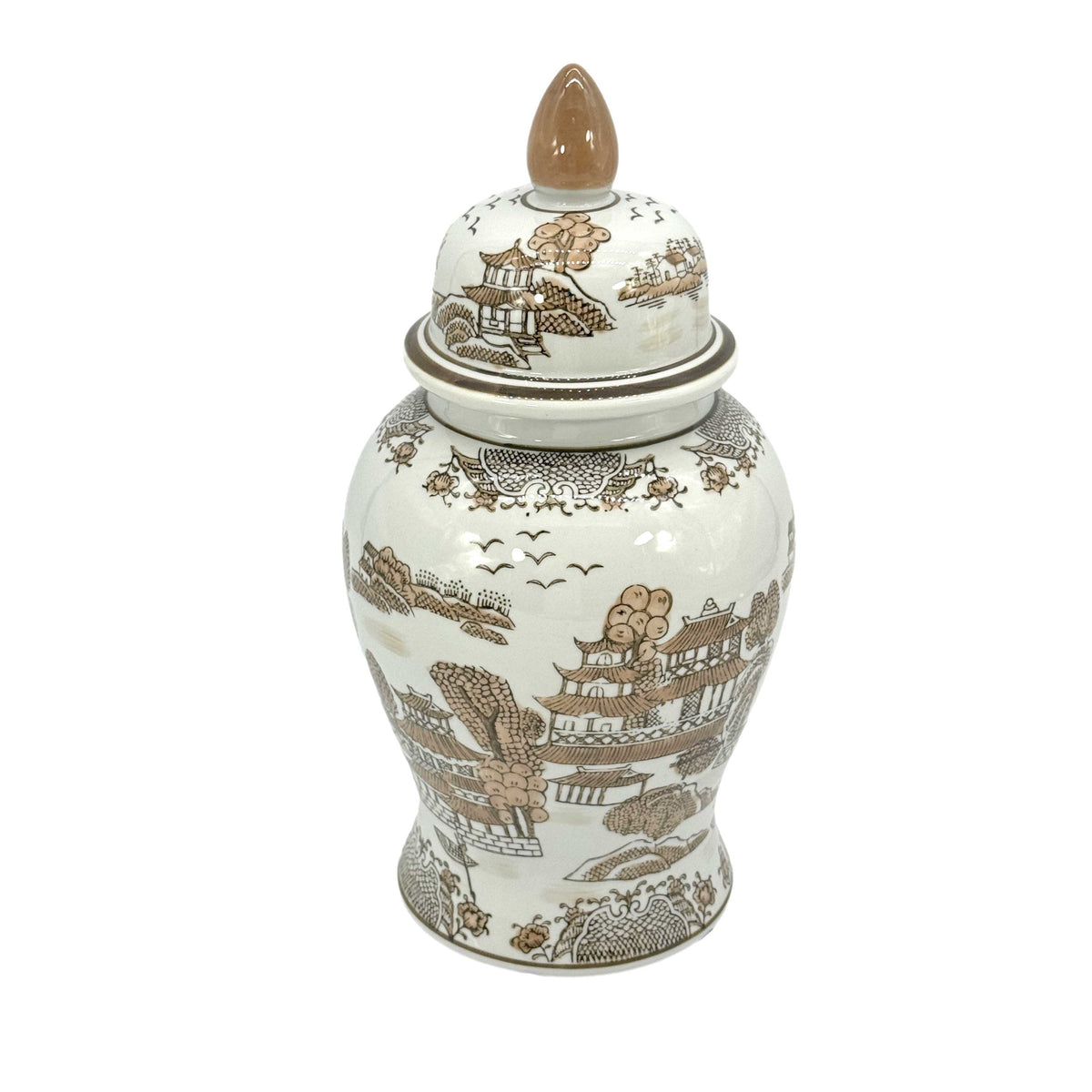 Brown & White Landscape Chinoiserie Ginger Jar 14"